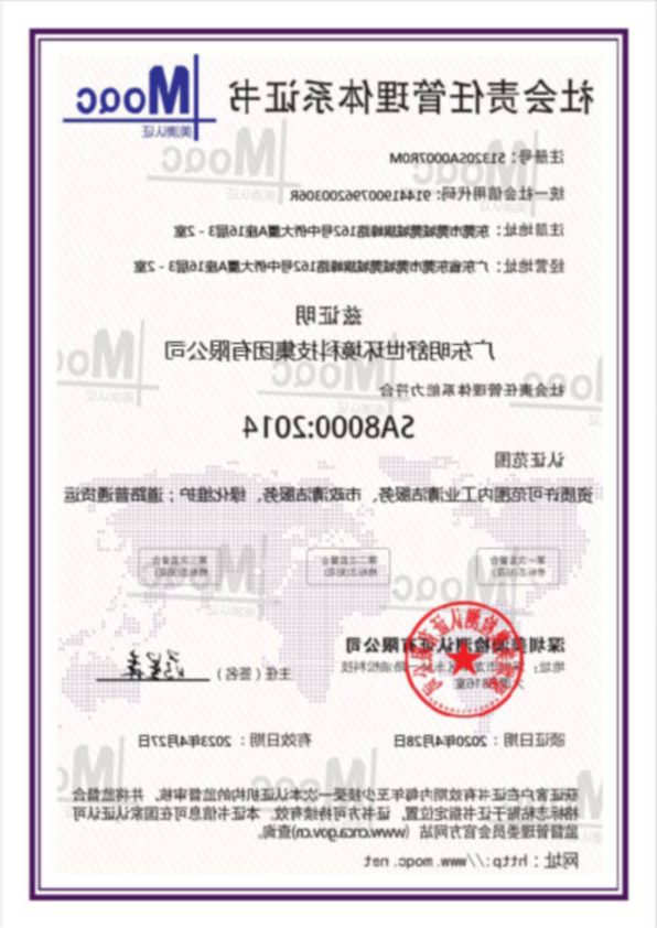 社会责任管理体系证书SA8000